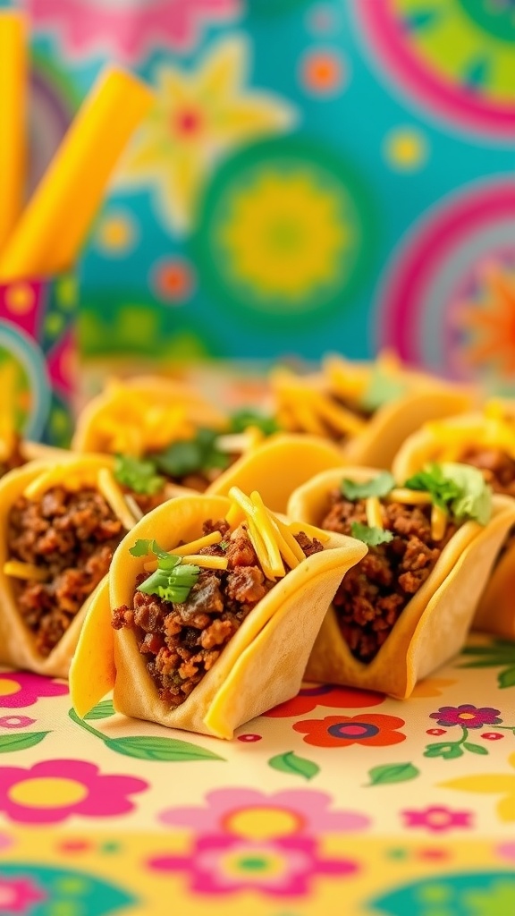 Colorful mini taco cups filled with seasoned meat, topped with cheese and cilantro, on a vibrant floral tablecloth.