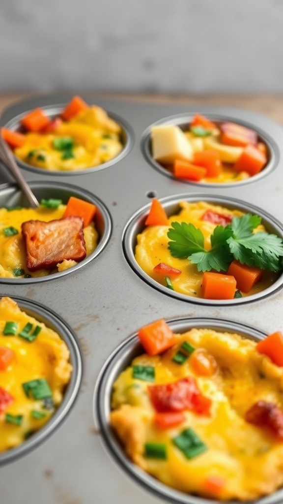 Mini vegetable frittatas in a muffin tin with colorful toppings