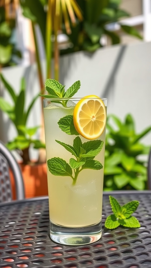 A refreshing glass of Minted Rum Lemonade with mint leaves and a lemon slice