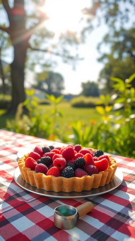 A mixed berry tart on a picnic table with a checkered tablecloth.