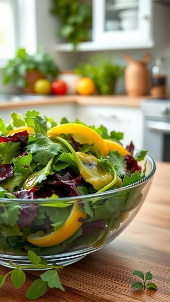 A vibrant mixed green salad with yellow bell peppers in a clear bowl on a wooden countertop.