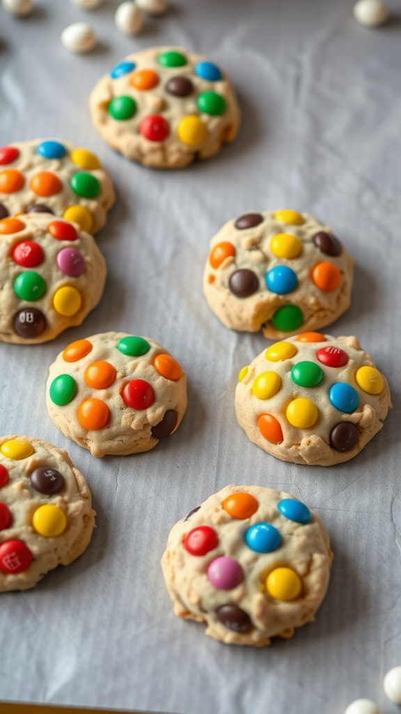 A close-up of freshly baked M&M cookies on a parchment paper.