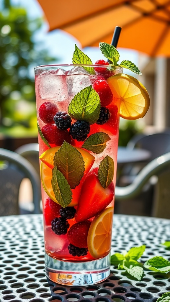 A colorful mojito cocktail with berries and mint, served in a tall glass on a table.