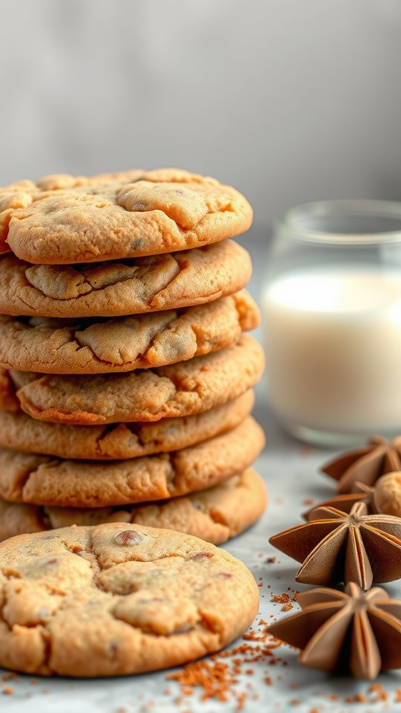 A stack of golden brown molasses cookies next to a glass of milk and star anise.