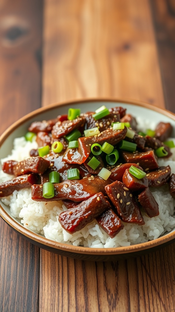 A delicious bowl of Mongolian beef served over white rice, garnished with green onions.