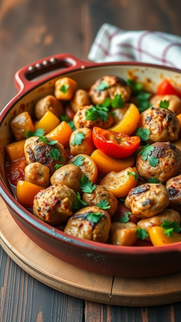 A vibrant Moroccan chicken casserole with colorful bell peppers and grilled chicken meatballs in a red casserole dish.