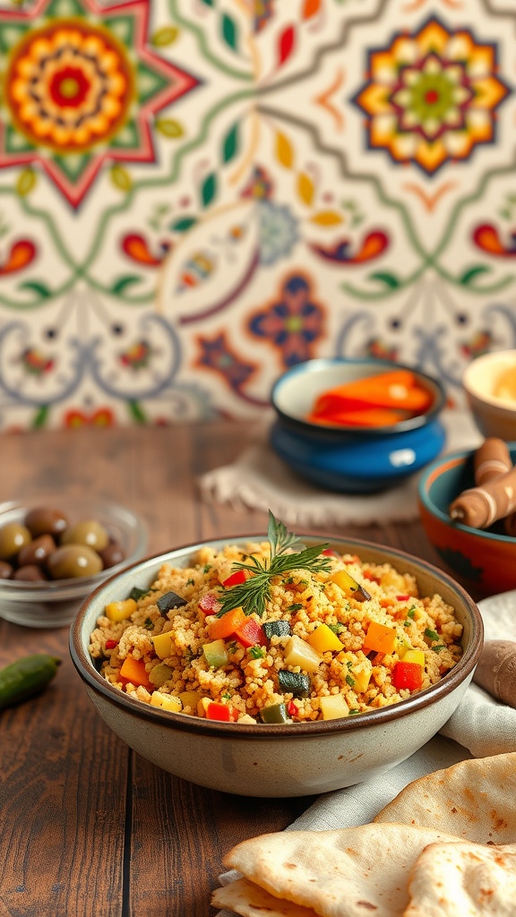A bowl of Moroccan Vegetable Couscous with colorful vegetables and a patterned background