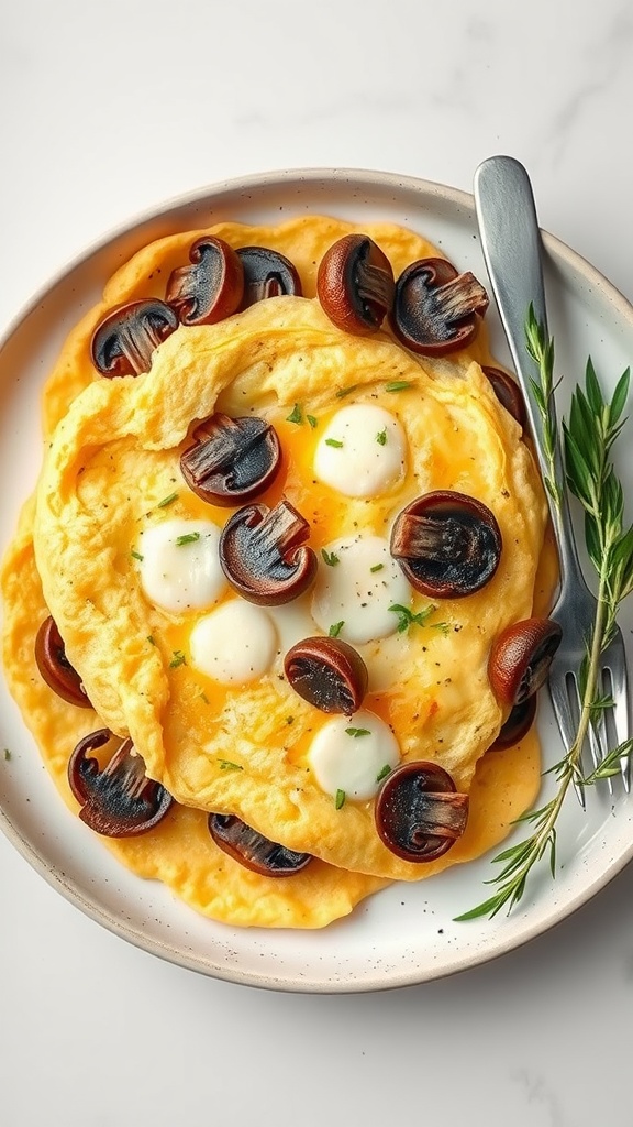 A delicious Mushroom and Gruyère Cheese Omelette plated beautifully with mushrooms on top