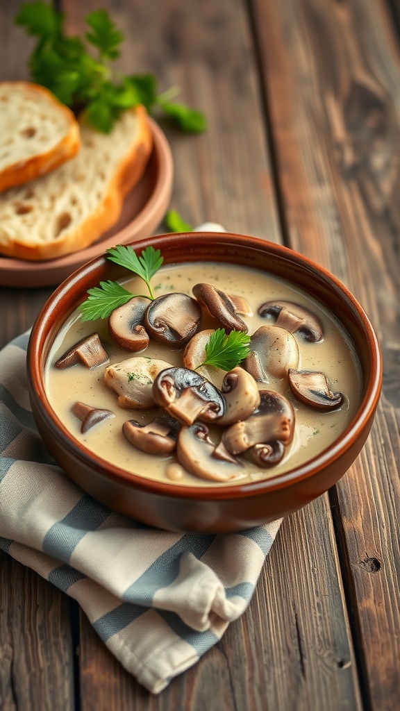 A bowl of creamy Mushroom Stroganoff garnished with parsley, served with slices of bread.