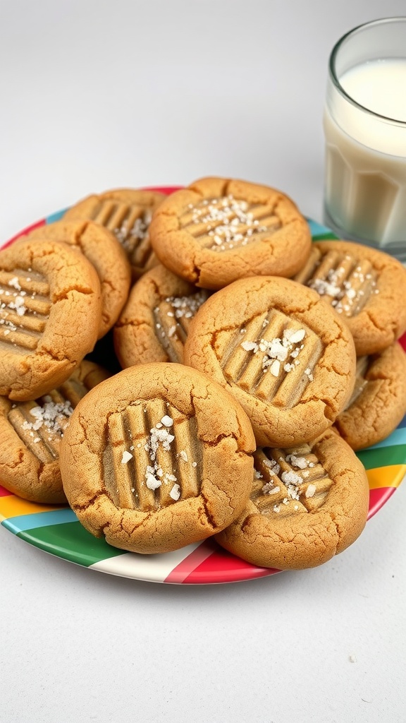 A plate of nut butter cookies with sea salt and a glass of milk