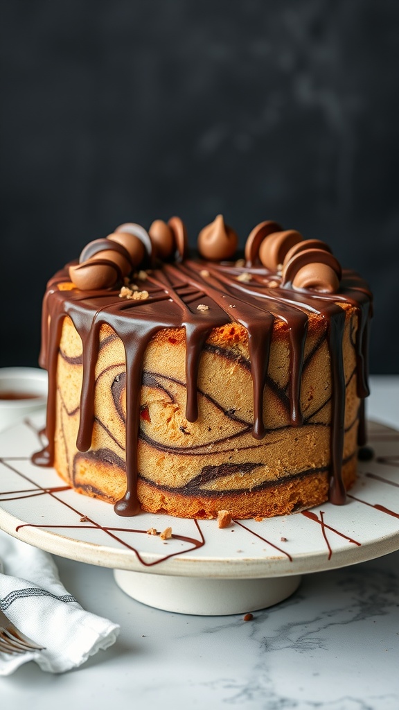 A beautifully decorated Nutella Swirl Cake with chocolate drizzle and chocolate accents on top.