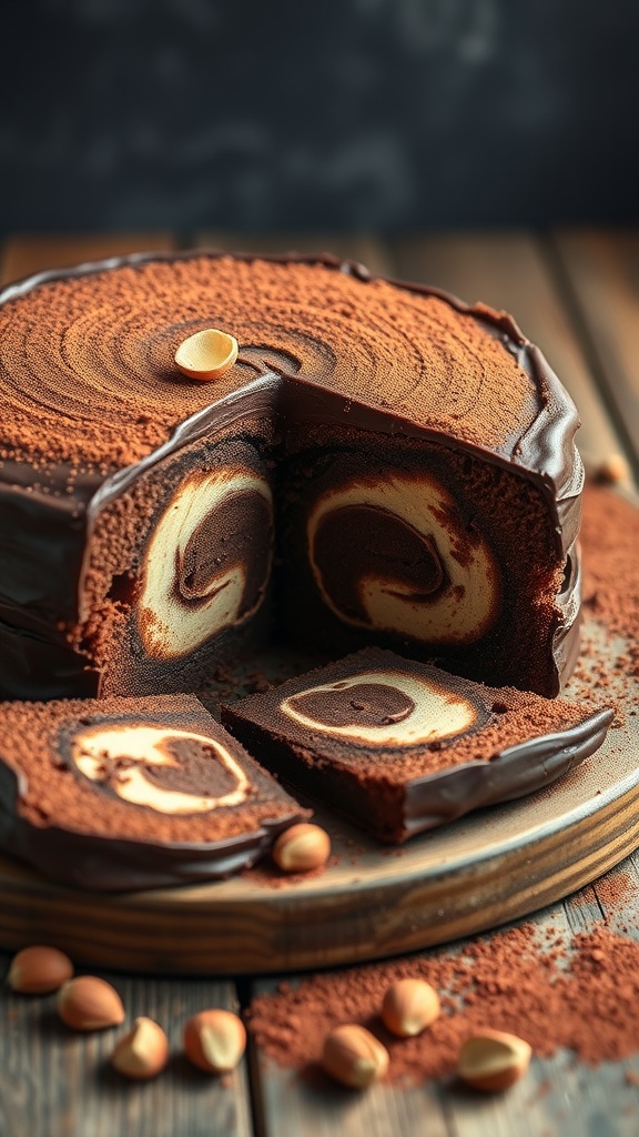 A beautifully sliced Nutella swirl cake showcasing marbled chocolate and hazelnut layers, topped with chocolate frosting and cocoa powder.