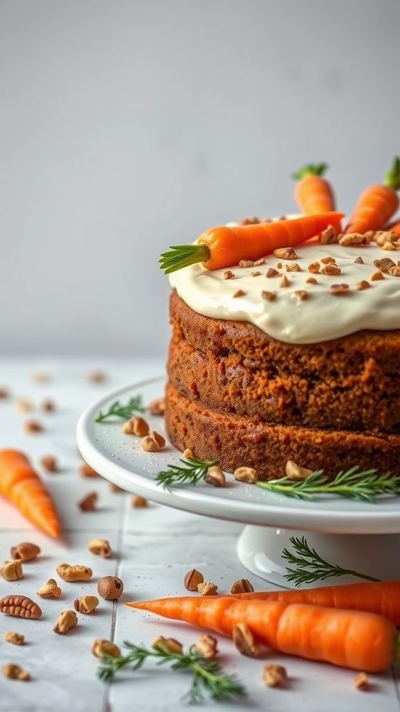 A beautifully decorated Nutty Passover Carrot Cake topped with miniature carrots and nuts.