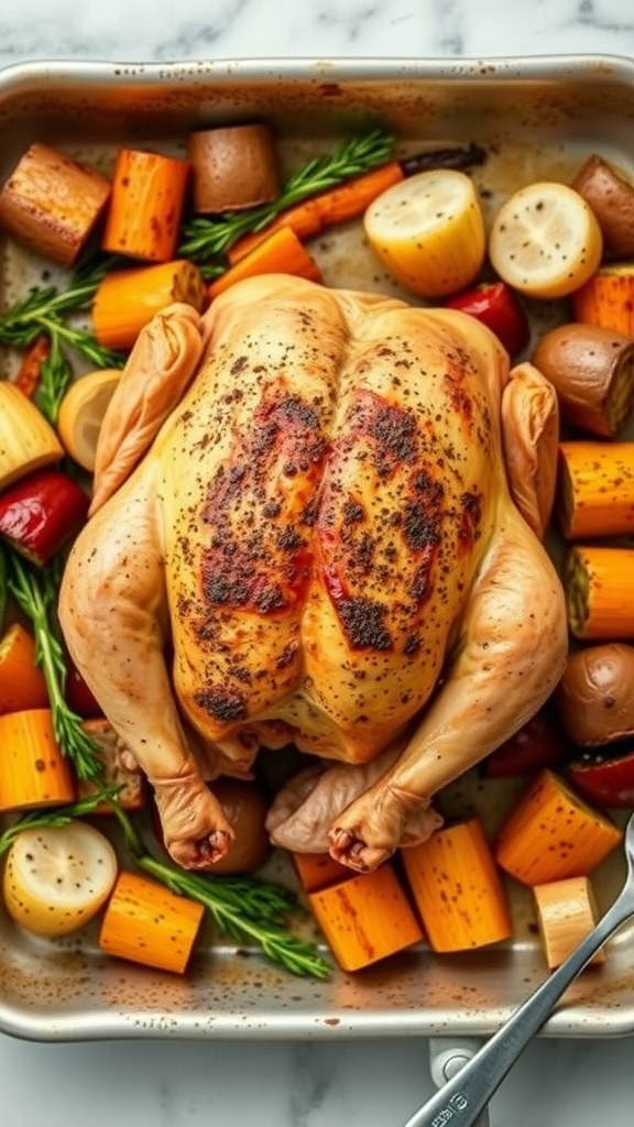 A roasted whole chicken surrounded by colorful vegetables in a pan.