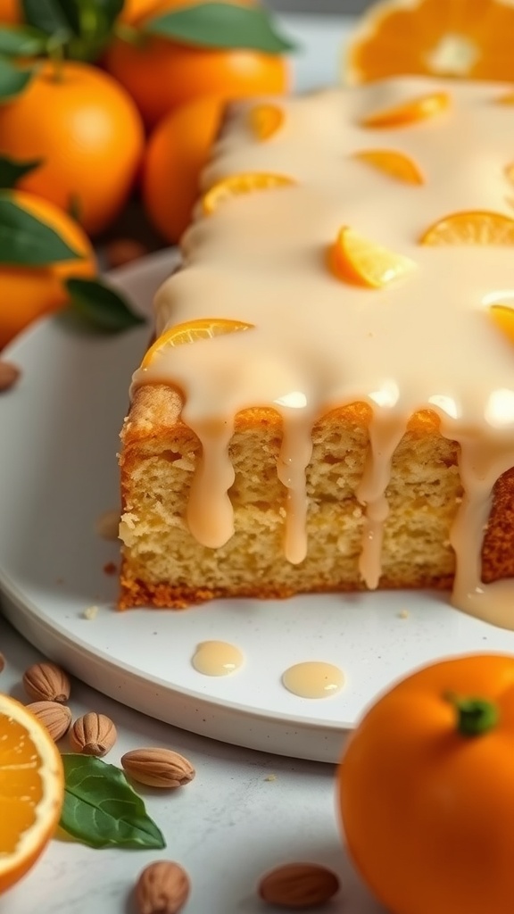 A moist orange almond cake with a bright glaze and sliced oranges on top.