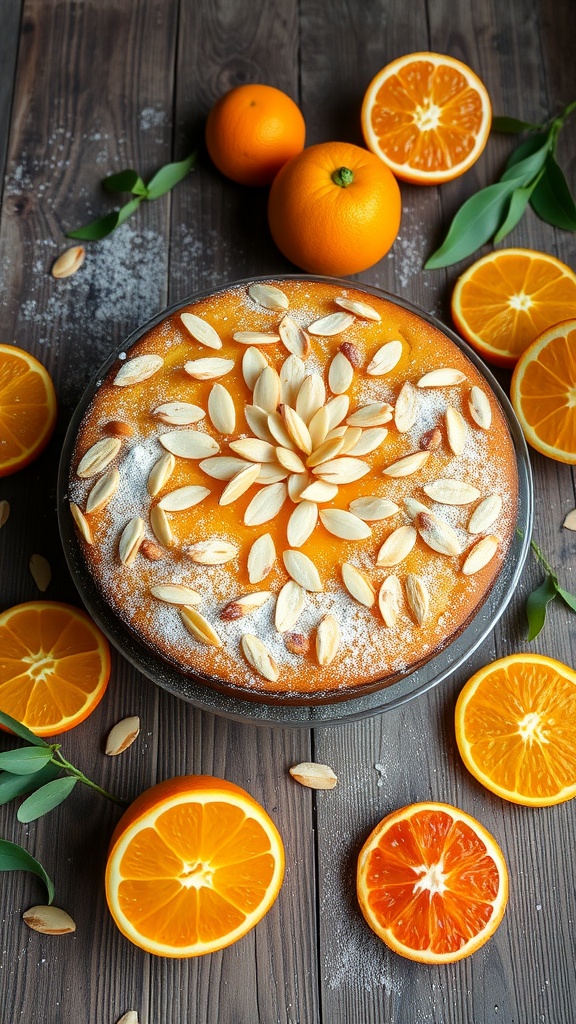 A beautifully decorated Orange Almond Cake topped with orange slices and almonds on a wooden table.