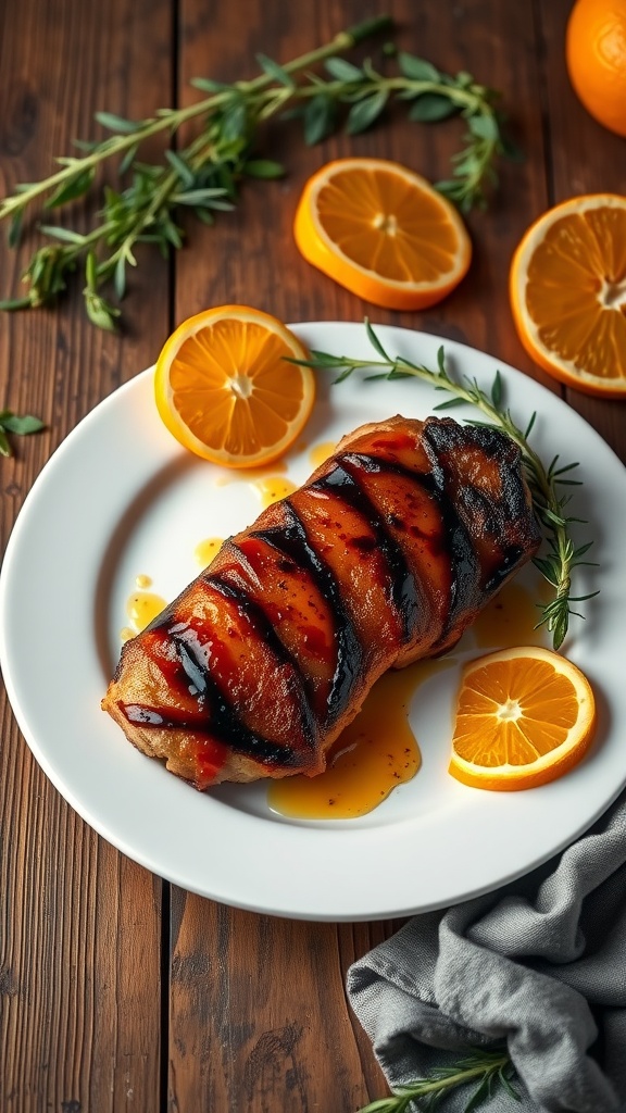 Orange glazed duck breast with orange slices and herbs on a white plate
