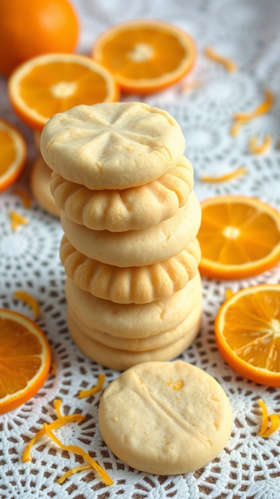 A stack of orange zest shortbread cookies with orange slices and zest in the background.