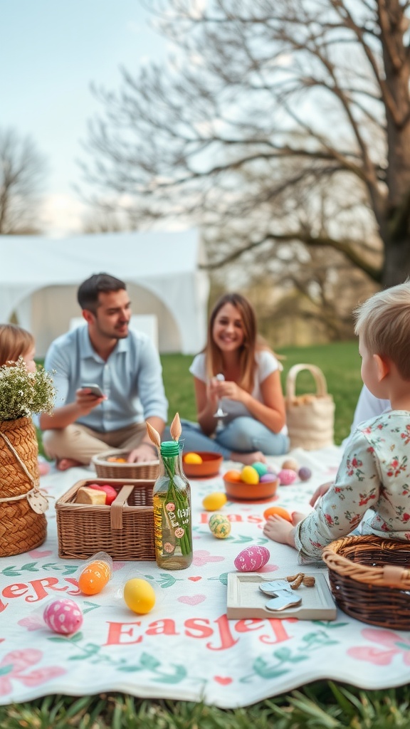A family enjoying a picnic on Easter Monday with colorful eggs and baskets.
