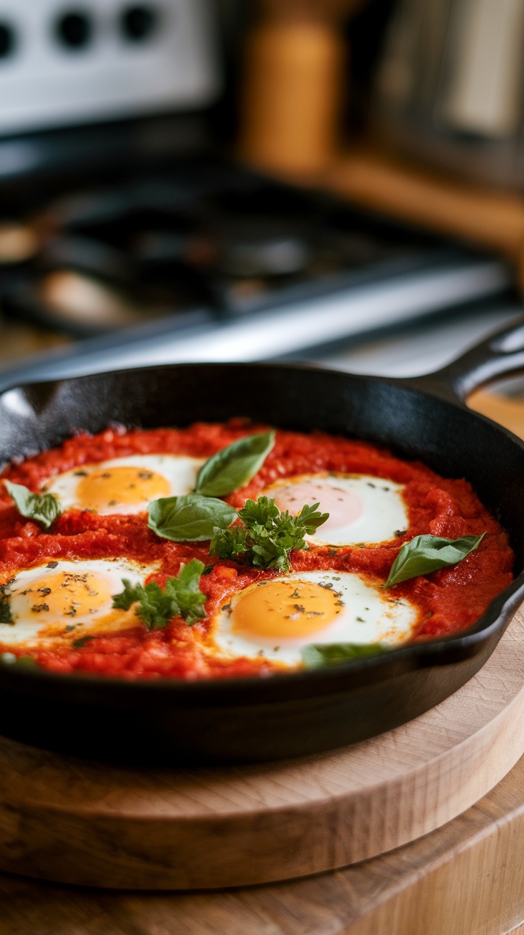 A skillet with oven-baked eggs in tomato sauce, garnished with basil leaves.