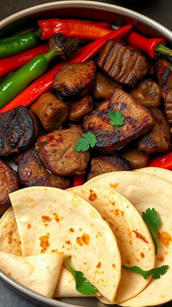 A dish of oven-baked steak fajitas featuring colorful peppers, onions, and tortillas.