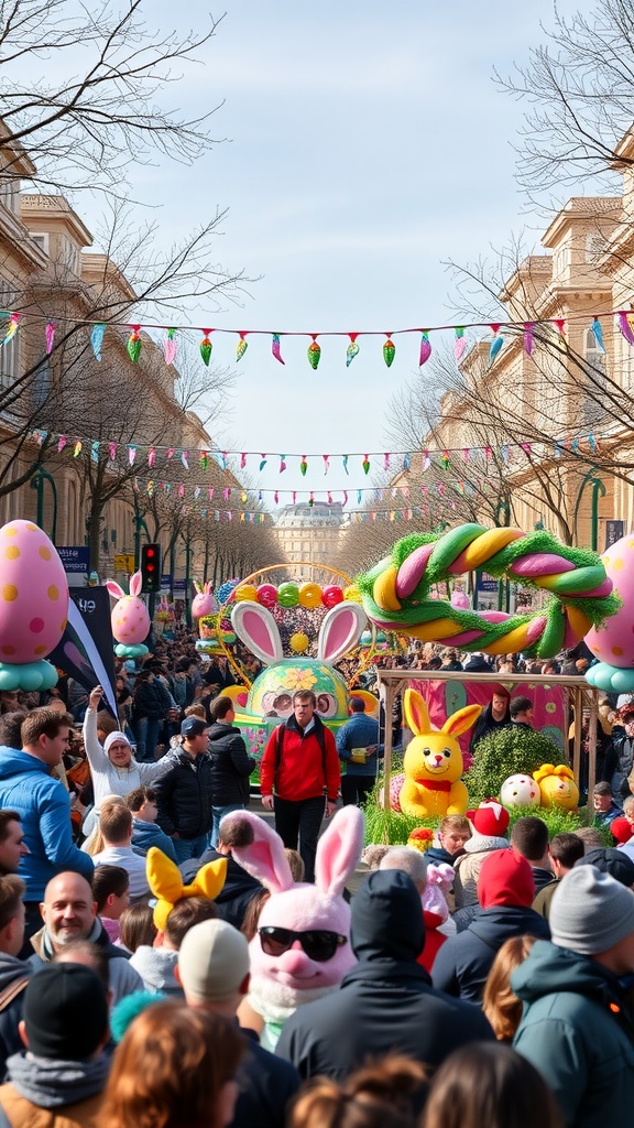 A bustling Easter Monday parade with colorful floats and a crowd celebrating the holiday.