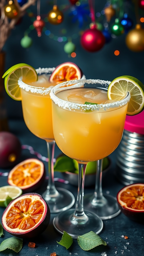 Two passion fruit margaritas with lime slices, surrounded by fresh fruit and festive decorations.