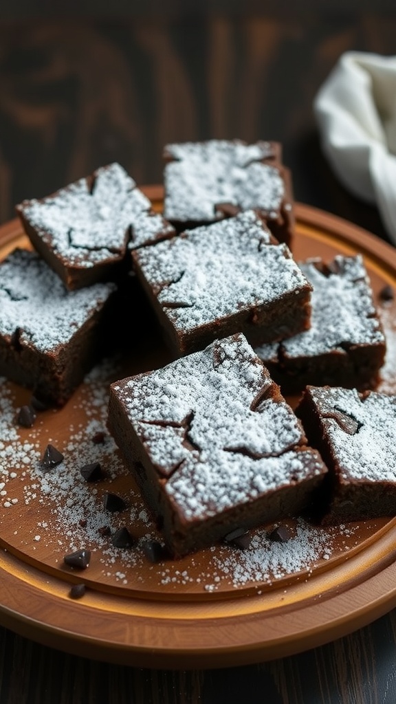 Delicious Passover brownie cake squares dusted with powdered sugar