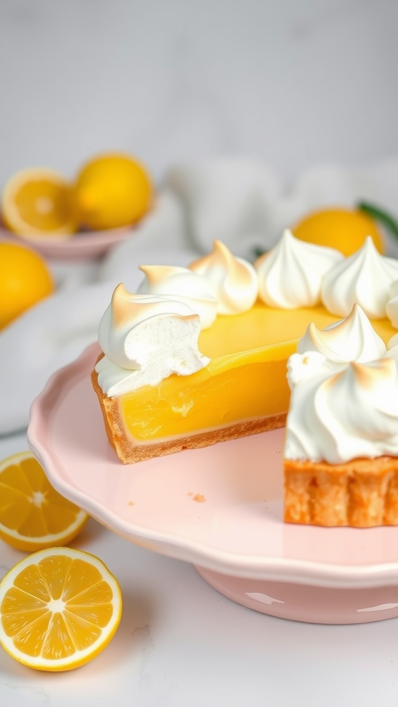 A lemon meringue tart with a slice taken out, surrounded by fresh lemons.