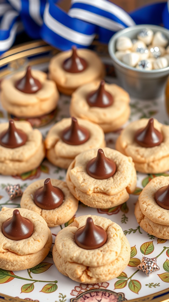 Plate of Passover Peanut Butter Blossoms topped with chocolate kisses