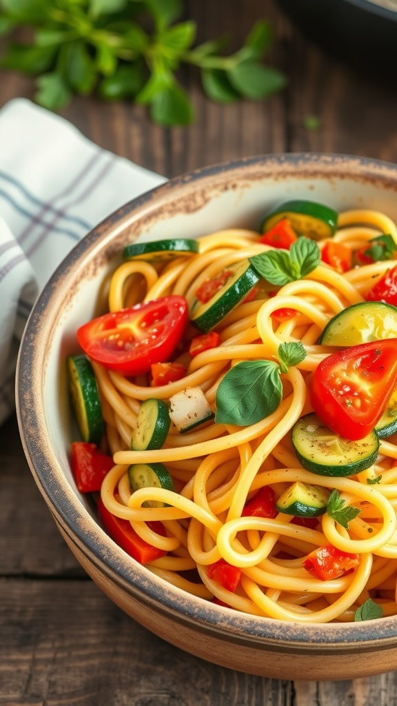 A bowl of pasta primavera with fresh vegetables and herbs on a wooden table.