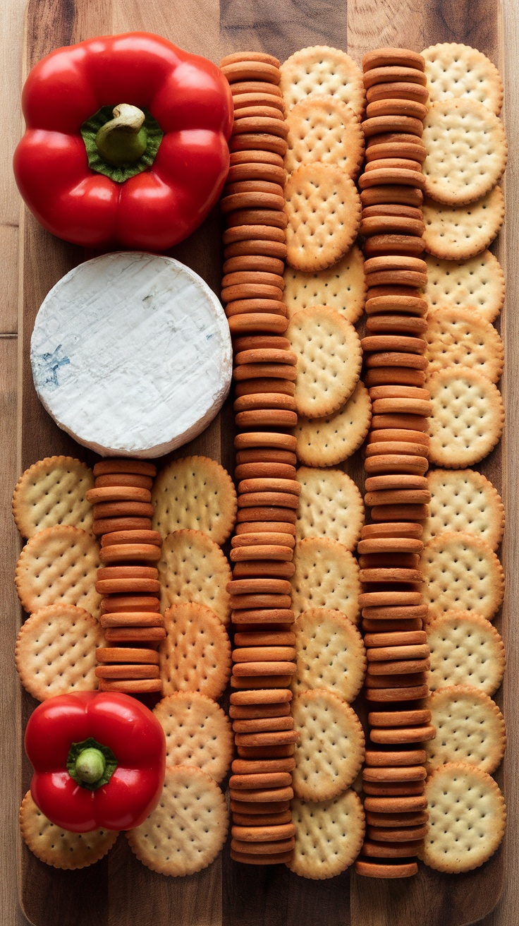 A platter of cheese, tomatoes, and blueberries arranged with crackers, styled for Memorial Day.