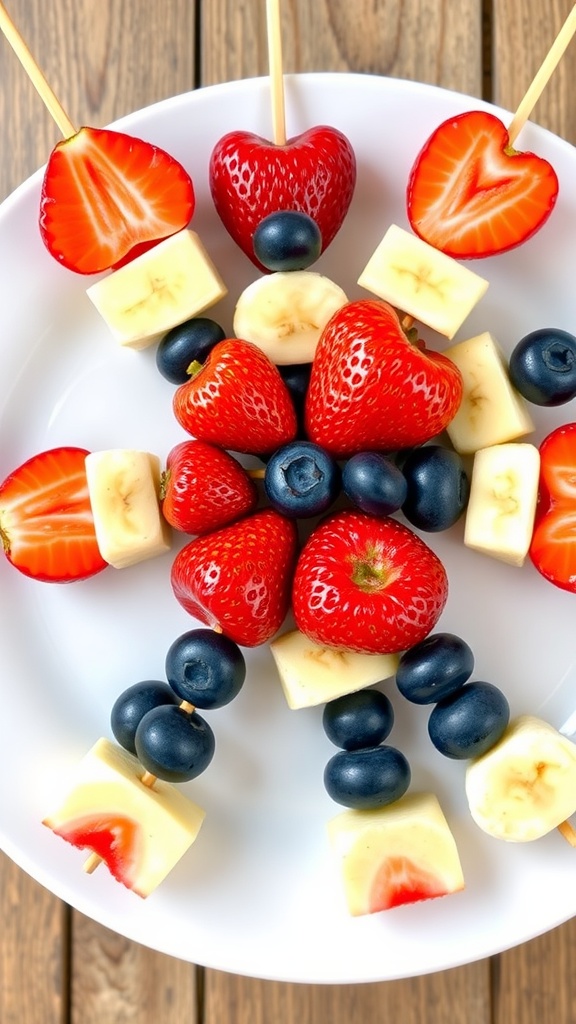 Fruit kabobs made of strawberries, bananas, and blueberries, with a star-shaped piece of fruit, on a blue background. Happy Memorial Day text is overlayed.