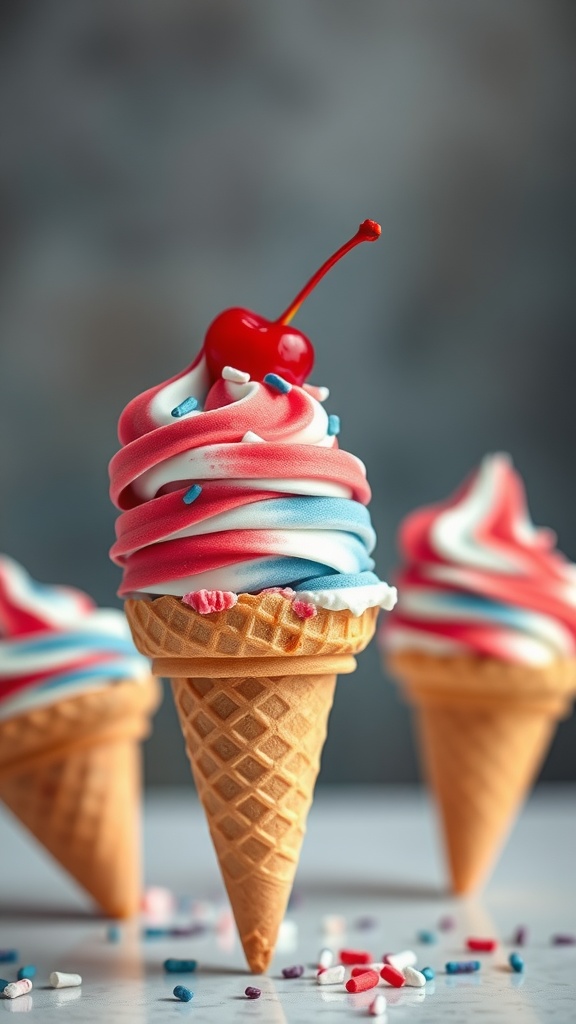 Colorful ice cream cones in red, white, and blue, topped with a cherry and sprinkles.