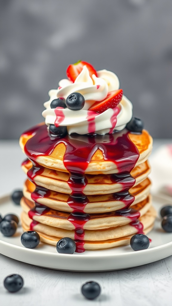 A stack of fluffy pancakes topped with whipped cream, strawberries, and blueberries, drizzled with syrup.