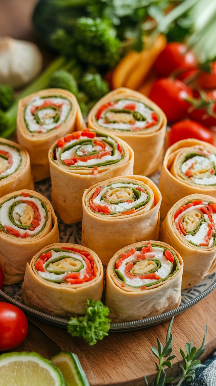 A colorful platter of pinwheel wraps filled with vegetables, ready for a festive occasion.