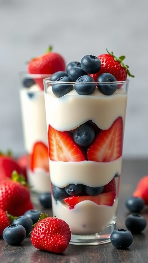 Two glasses of patriotic yogurt parfaits layered with strawberries and blueberries.