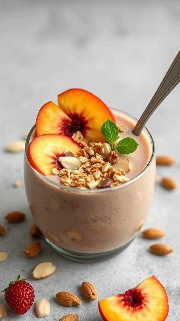 A delicious Peach and Almond Smoothie Bowl topped with peach slices, almonds, and granola.
