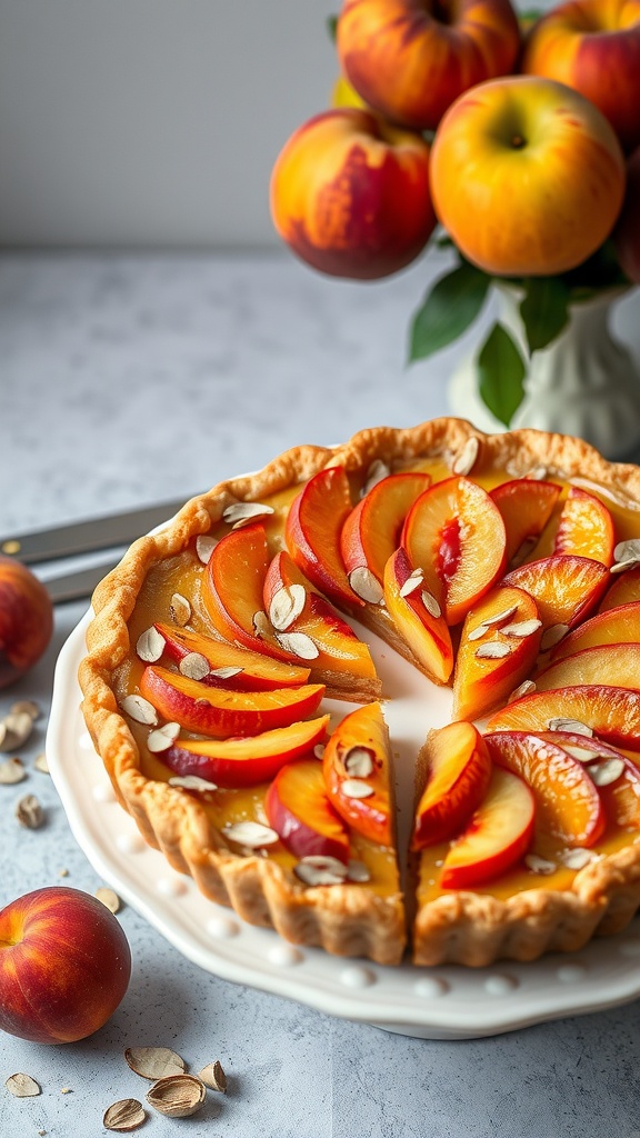 A delicious peach and almond tart with peach slices arranged on top and almonds sprinkled for garnish.