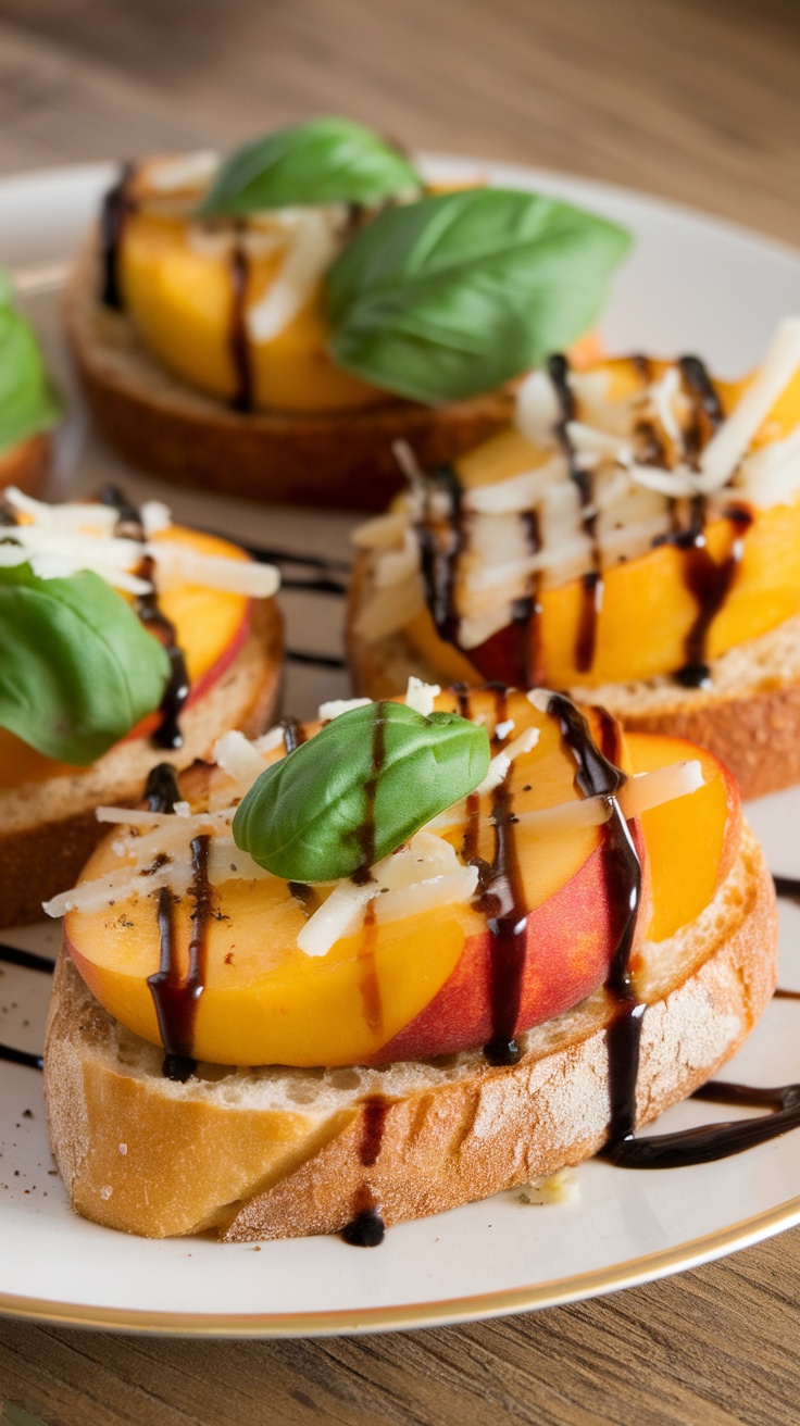 A plate of peach and basil bruschetta topped with balsamic drizzle, fresh basil, and slices of peach.
