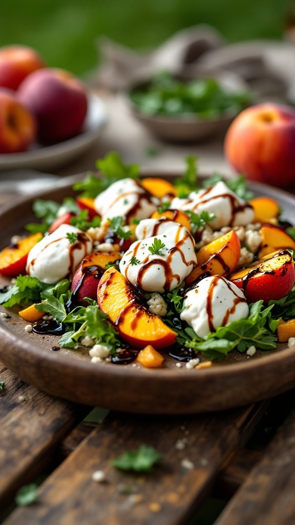 A colorful salad featuring sliced peaches, creamy burrata, and greens, drizzled with balsamic glaze.