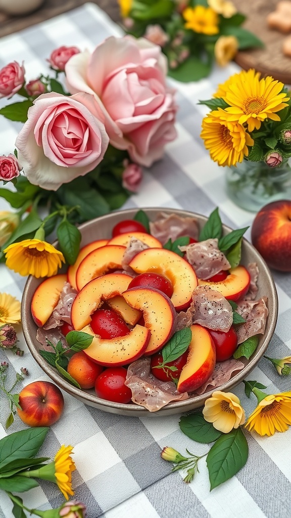 A bowl of peach and prosciutto salad with cherry tomatoes and fresh herbs on a picnic table, surrounded by flowers.