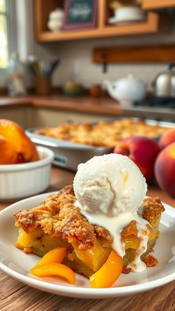 A slice of peach cobbler cake with a scoop of vanilla ice cream on top, garnished with fresh peach slices.