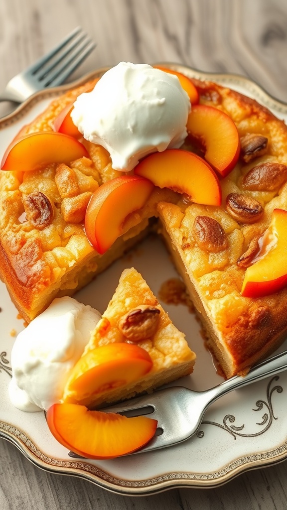 A slice of peach cobbler cake topped with peaches and cherries, served with a scoop of vanilla ice cream.