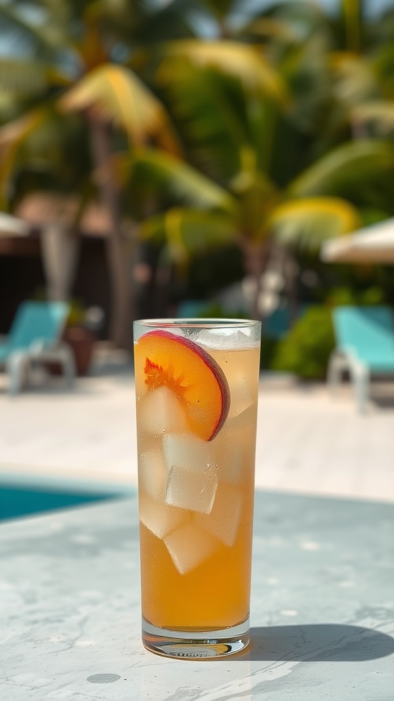 A tall glass of Peach Iced Tea Lemonade with peach slices, sitting on a marble table by the poolside.