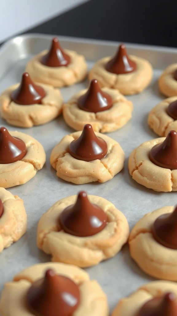 A close-up of peanut butter blossom cookies topped with chocolate kisses on a baking sheet