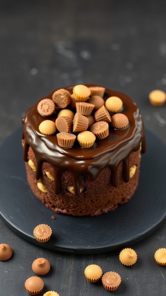 A delicious peanut butter cup cake topped with chocolate ganache and mini peanut butter cups.