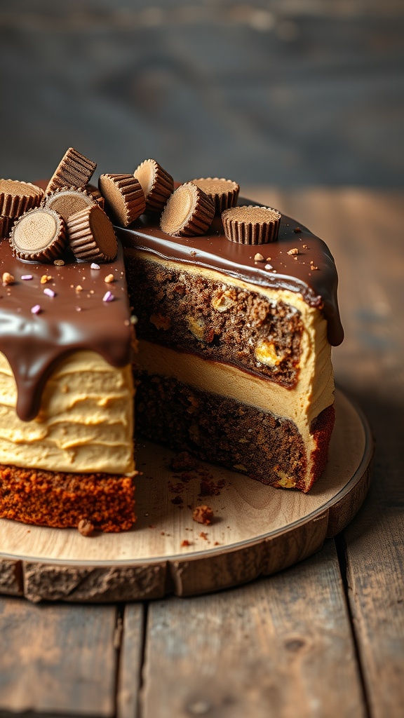 Delicious peanut butter cup cake with chocolate frosting and mini peanut butter cups on top.