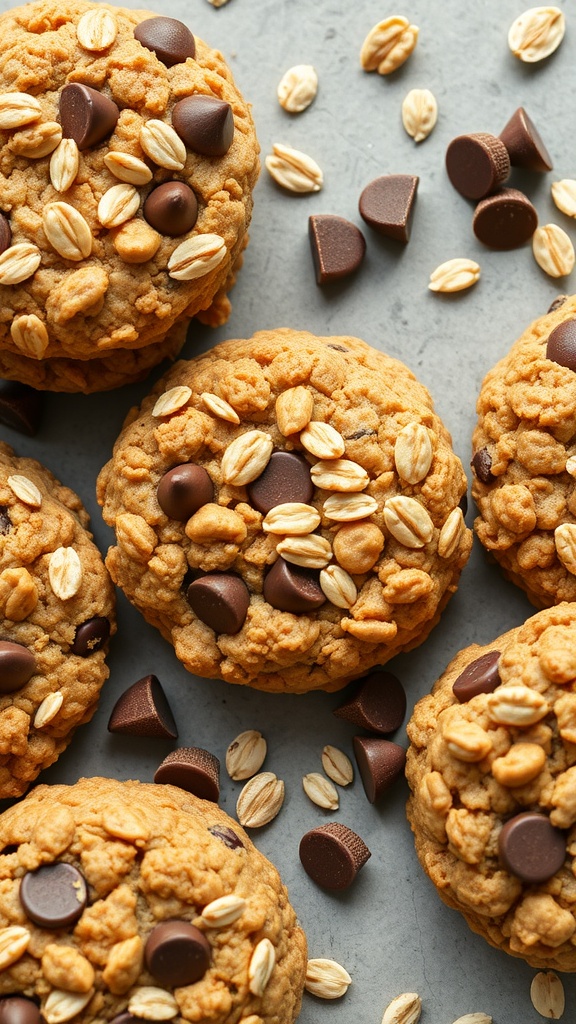 Delicious peanut butter oatmeal cookies topped with oats and chocolate chips