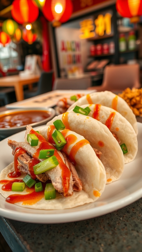 Peking Duck Pancakes with Hoisin Sauce served on a plate, showcasing tender duck slices, cucumber, and sauce.